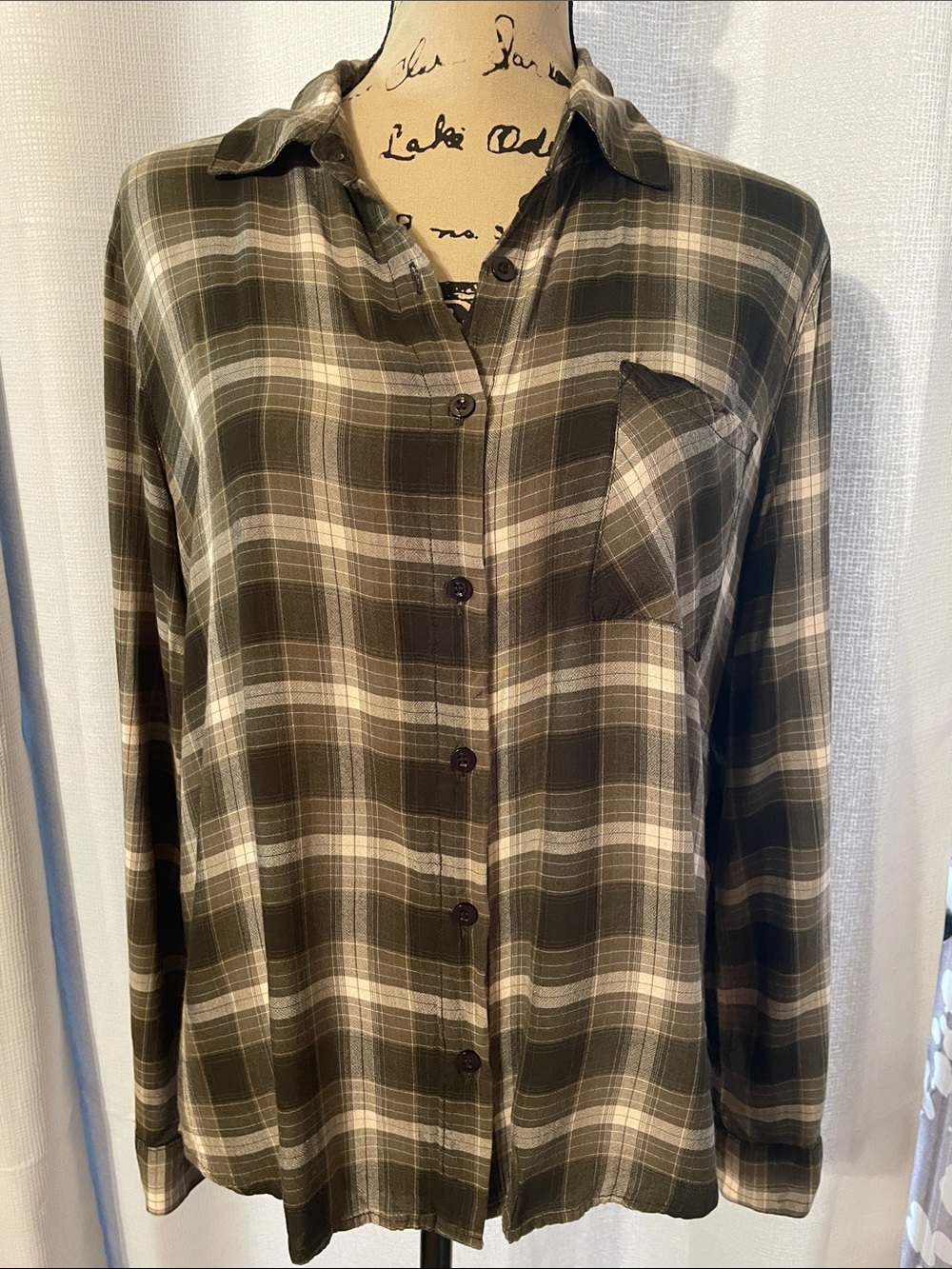 Women's Olive Plaid Button-Down Shirt